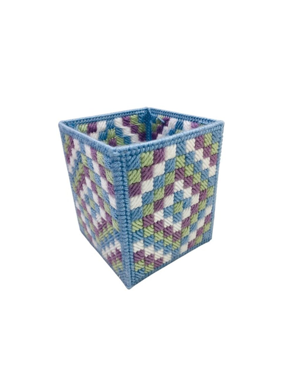 Vintage Handmade Needlepoint Tissue Box Holder Square Plastic Canvas Grannycore